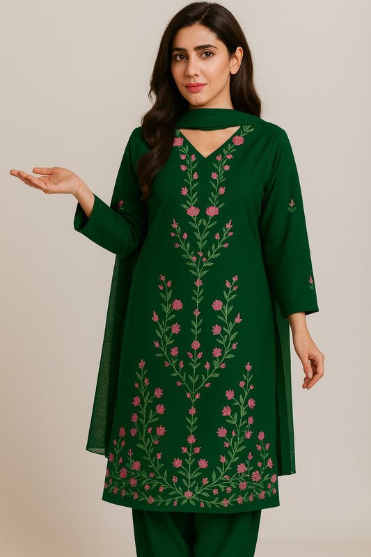 Bthree’s Emerald Elegance: Floral Embroidery in Leelan & Dhanak, Now in Multiple Colors - Unstitched