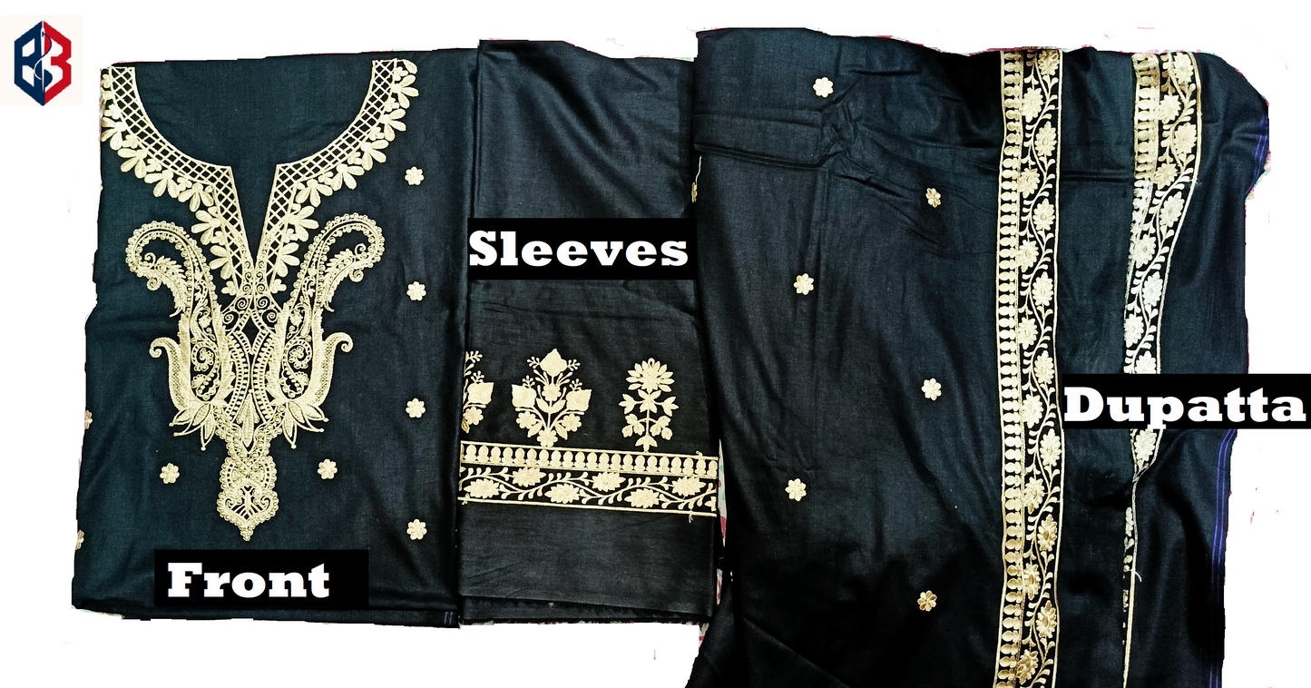Noor-e-Zar: 3PC Unstitched Embroidery Shirt with Embroidered Dupatta and Sleeves